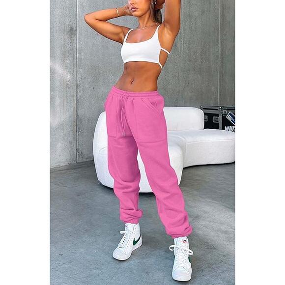 New Size Medium Pink Fleece Lined, High Waisted, Cotton Jogger Sweatpants - Picture 2 of 5